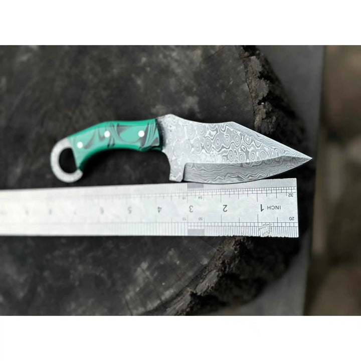 Handcrafted Damascus Steel Ring Handle Outdoor Utility Knife – Resin Grip – JW SteelCrafts handmade Skinner Knife by JW SteelCrafts