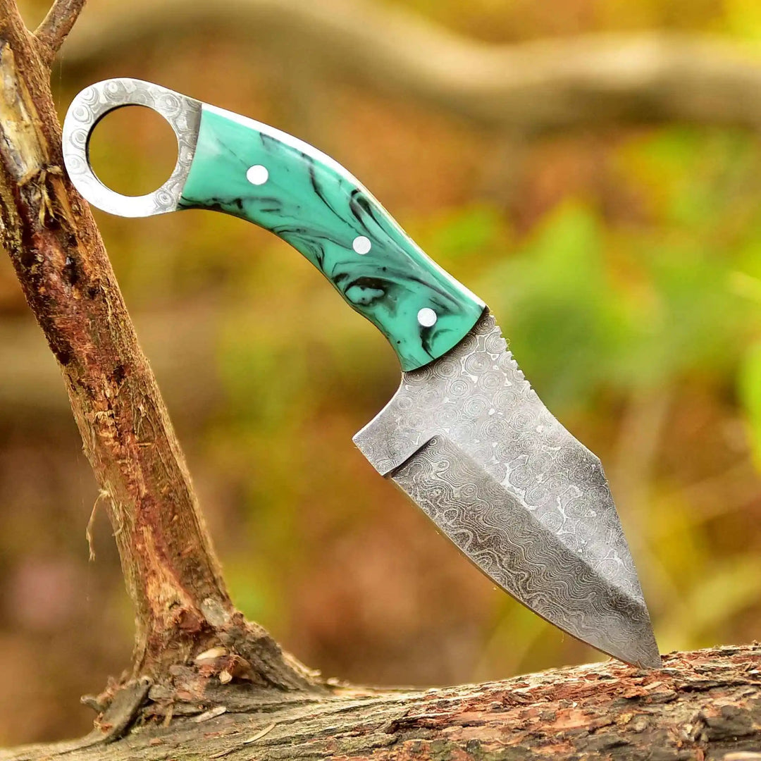 Handcrafted Damascus Steel Ring Handle Outdoor Utility Knife – Resin Grip – JW SteelCrafts handmade Skinner Knife by JW SteelCrafts