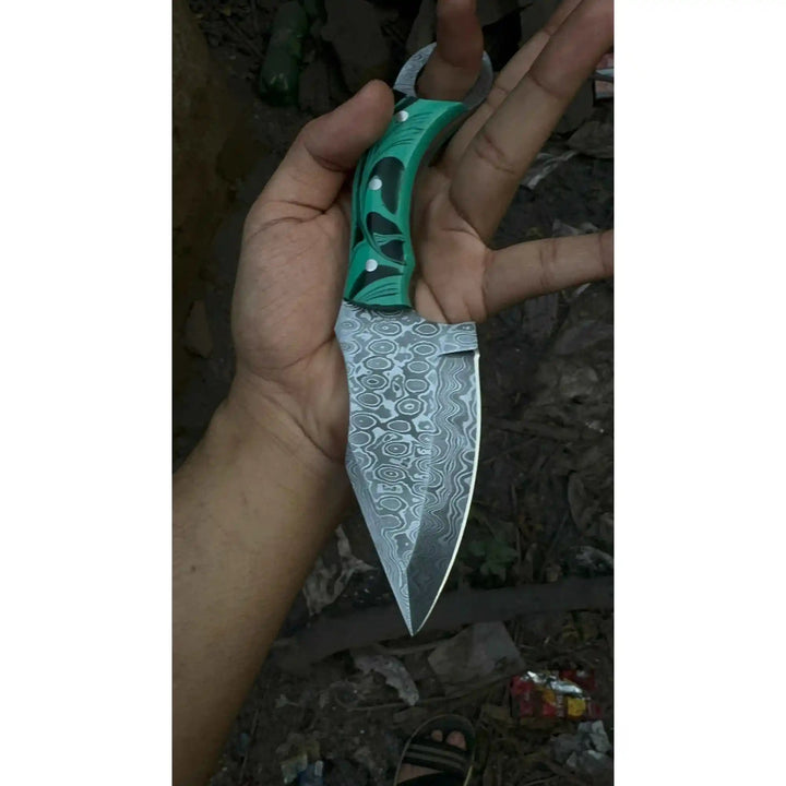 Handcrafted Damascus Steel Ring Handle Outdoor Utility Knife – Resin Grip – JW SteelCrafts handmade Skinner Knife by JW SteelCrafts