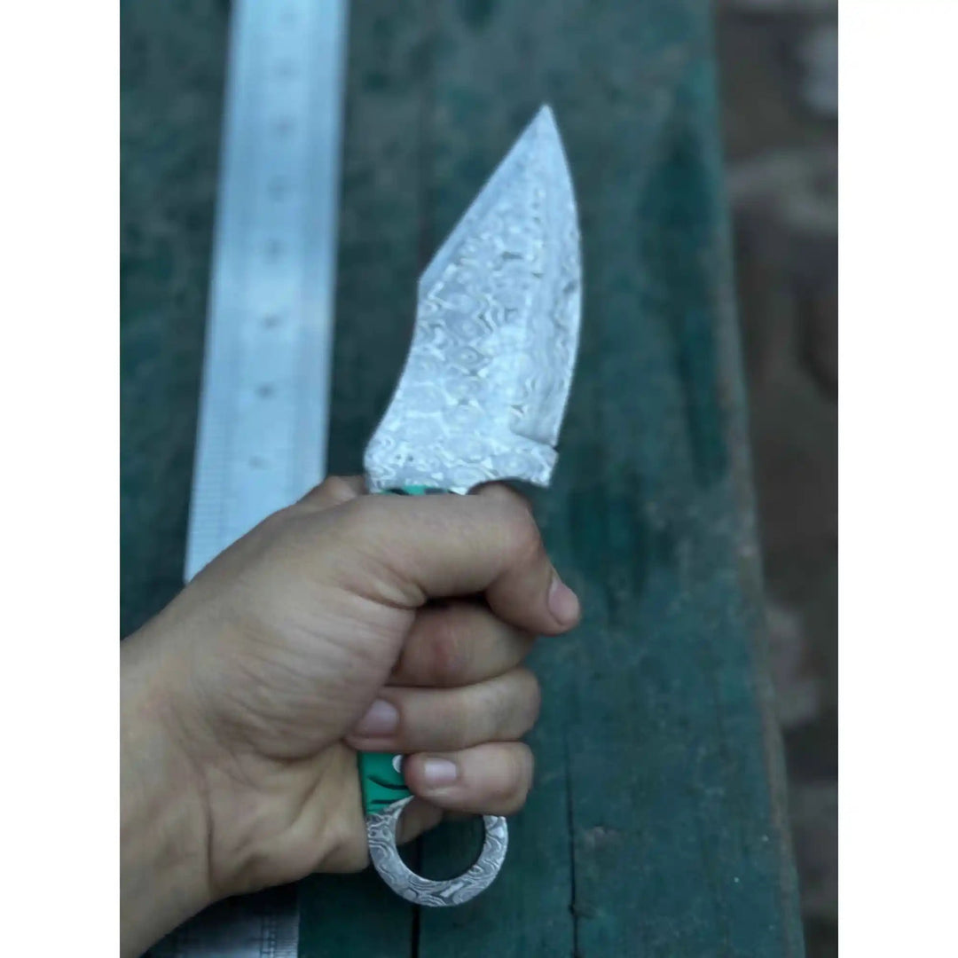 Handcrafted Damascus Steel Ring Handle Outdoor Utility Knife – Resin Grip – JW SteelCrafts handmade Skinner Knife by JW SteelCrafts