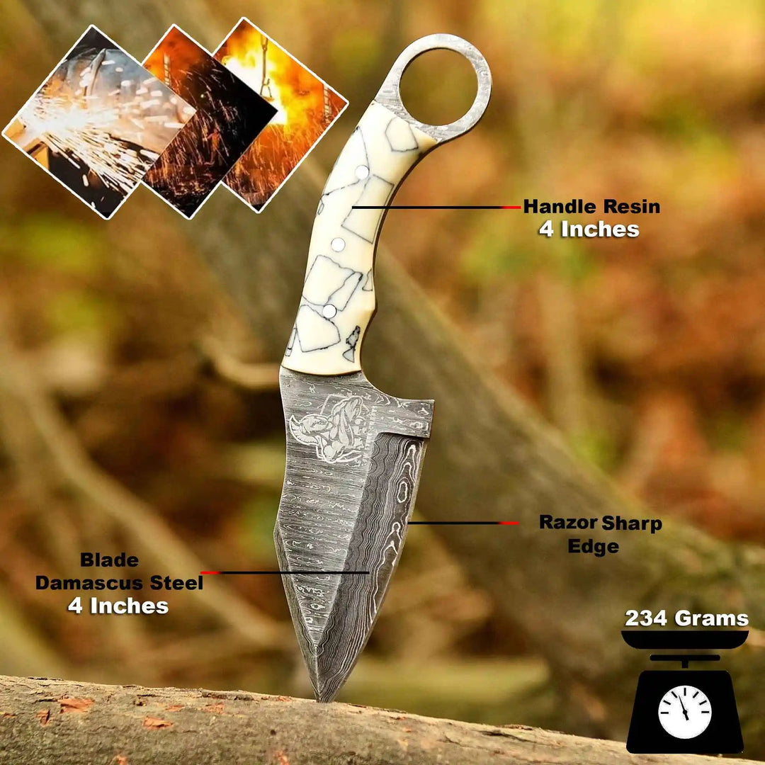 Handcrafted Damascus Steel Ring Handle Outdoor Utility Knife – Resin Grip – JW SteelCrafts handmade Skinner Knife by JW SteelCrafts