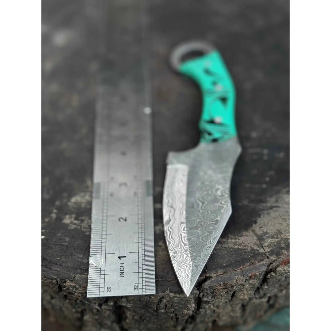 Handcrafted Damascus Steel Ring Handle Outdoor Utility Knife – Resin Grip – JW SteelCrafts handmade Skinner Knife by JW SteelCrafts