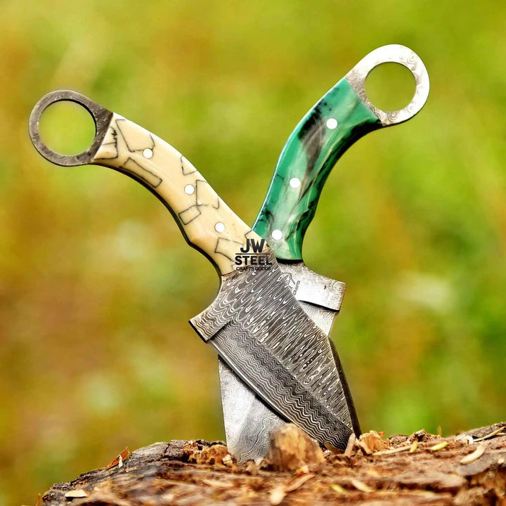 Handcrafted Damascus Steel Ring Handle Outdoor Utility Knife – Resin Grip – JW SteelCrafts handmade Skinner Knife by JW SteelCrafts