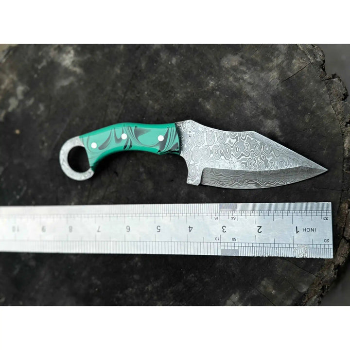 Handcrafted Damascus Steel Ring Handle Outdoor Utility Knife – Resin Grip – JW SteelCrafts handmade Skinner Knife by JW SteelCrafts