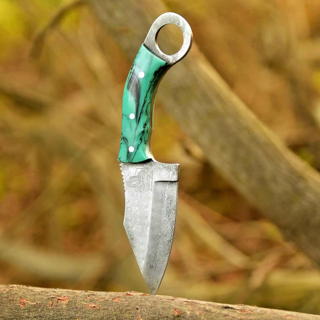 Handcrafted Damascus Steel Ring Handle Outdoor Utility Knife – Resin Grip – JW SteelCrafts handmade Skinner Knife by JW SteelCrafts