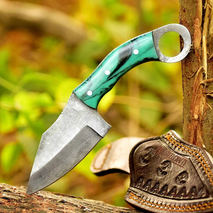 Handcrafted Damascus Steel Ring Handle Outdoor Utility Knife – Resin Grip – JW SteelCrafts handmade Skinner Knife by JW SteelCrafts