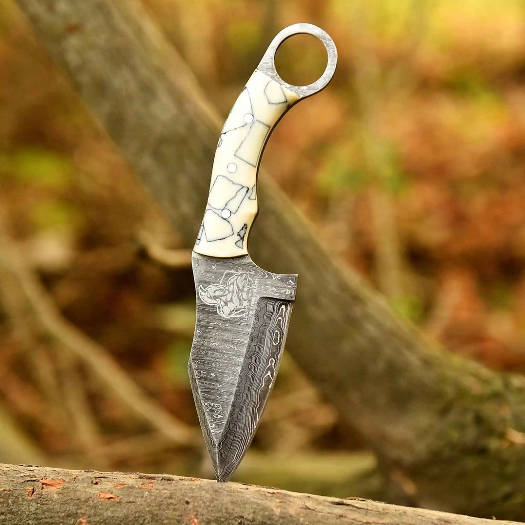 Handcrafted Damascus Steel Ring Handle Outdoor Utility Knife – Resin Grip – JW SteelCrafts handmade Skinner Knife by JW SteelCrafts