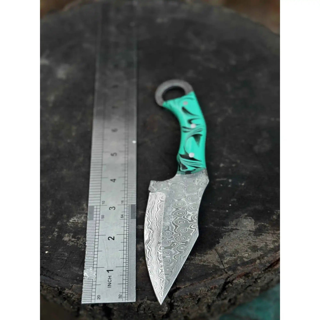 Handcrafted Damascus Steel Ring Handle Outdoor Utility Knife – Resin Grip – JW SteelCrafts handmade Skinner Knife by JW SteelCrafts