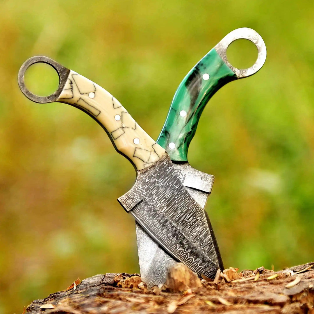 Handcrafted Damascus Steel Ring Handle Outdoor Utility Knife – Resin Grip – JW SteelCrafts handmade Skinner Knife by JW SteelCrafts