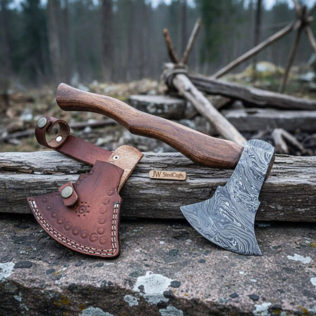 Handcrafted Damascus Utility Hatchet – Bearded Blade Style, Solid Wood Handle, Sheath Included handmade Handmade Axe by JW SteelCrafts