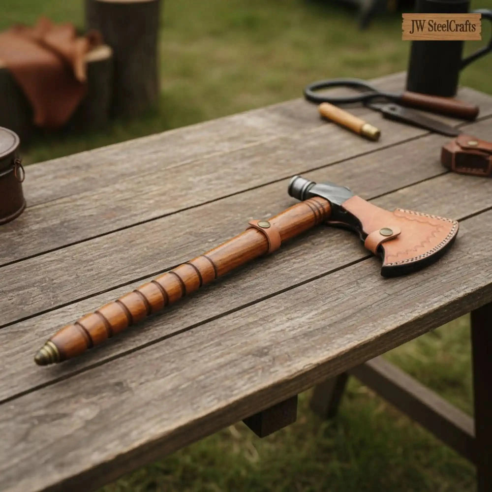    Premium handcrafted Damascus hatchet resting on a wooden bench with outdoor camping tools and natural background.