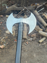 Load image into Gallery viewer, Custom engraved Viking battle axe with double-headed blade, leather sheath, and solid wooden handle – perfect for collectors and gifting.