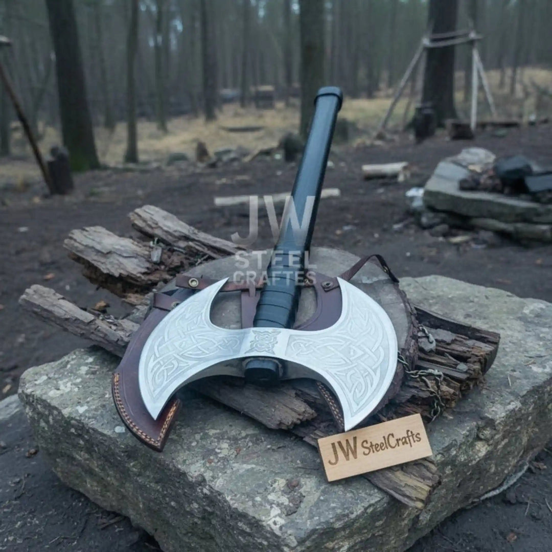 Handcrafted Double - Headed Decorative Axe featuring Nordic - style Engravings and Cord - wrapped Grip handmade Handmade Axe by JW SteelCrafts