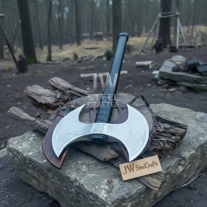 Handcrafted Double - Headed Decorative Axe featuring Nordic - style Engravings and Cord - wrapped Grip handmade Handmade Axe by JW SteelCrafts
