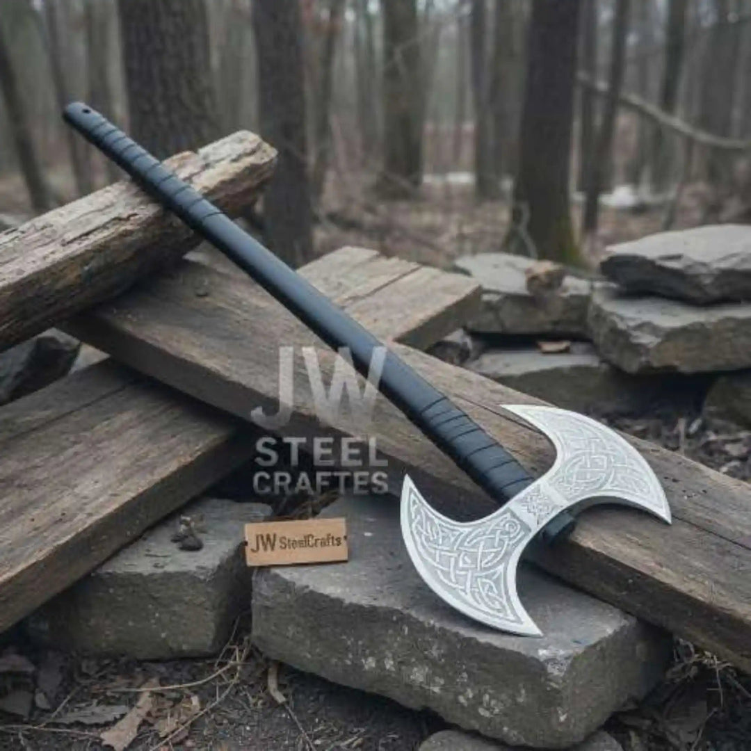 
Handcrafted double-headed Viking axe with Nordic engravings on both steel heads and cord-wrapped long handle on white background

