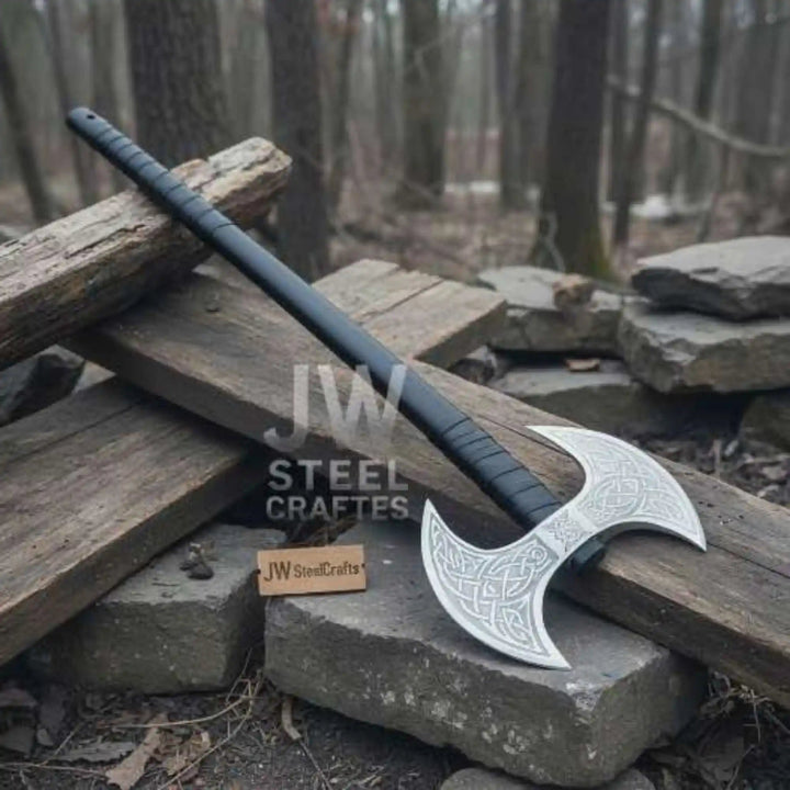 
Handcrafted double-headed Viking axe with Nordic engravings on both steel heads and cord-wrapped long handle on white background


