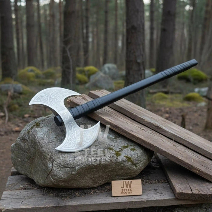Handcrafted Double - Headed Decorative Axe featuring Nordic - style Engravings and Cord - wrapped Grip handmade Handmade Axe by JW SteelCrafts