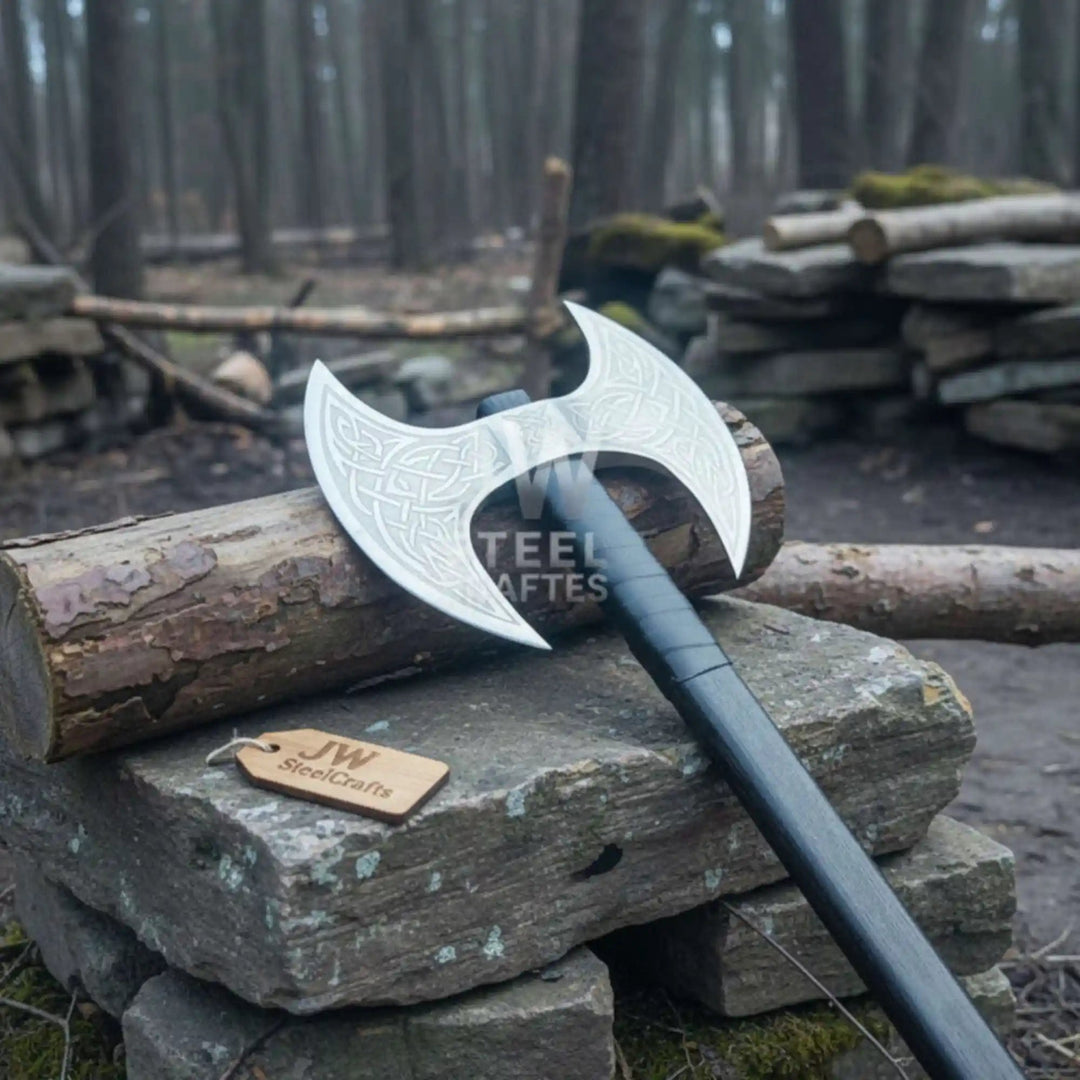 Handcrafted Double - Headed Decorative Axe featuring Nordic - style Engravings and Cord - wrapped Grip handmade Handmade Axe by JW SteelCrafts