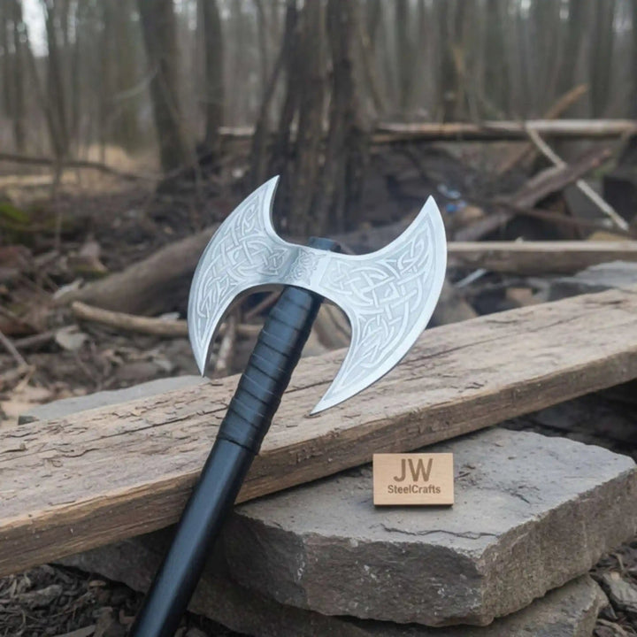 Handcrafted Double - Headed Decorative Axe featuring Nordic - style Engravings and Cord - wrapped Grip handmade Handmade Axe by JW SteelCrafts