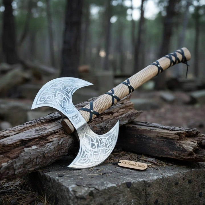 Handcrafted Double - Headed Viking Style Axe – Decorative Collector’s Piece | Two Variations | JW SteelCrafts handmade Handmade Axe by JW SteelCrafts