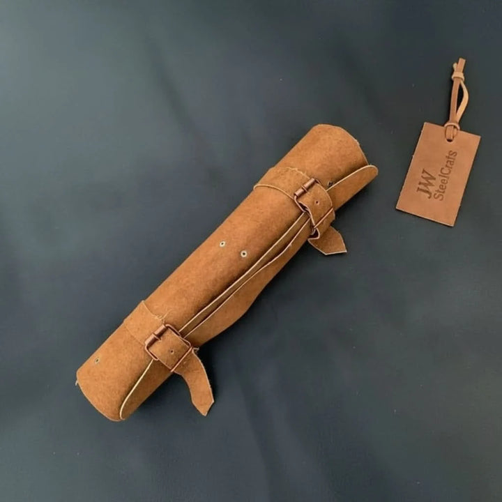 portable leather knife storage roll designed for chef knives and culinary tool organization.