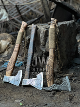 Load image into Gallery viewer, Handmade Viking Axe – Engraved Steel Head with Carved Wooden Handle