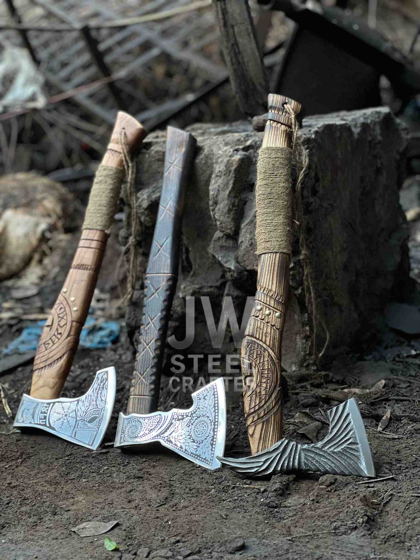 Handmade Viking Axe – Engraved Steel Head with Carved Wooden Handle
