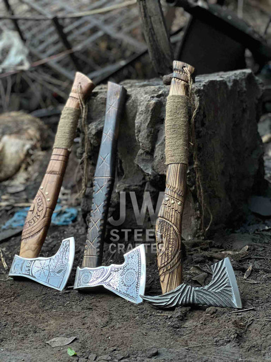 Handmade Viking Axe – Engraved Steel Head with Carved Wooden Handle