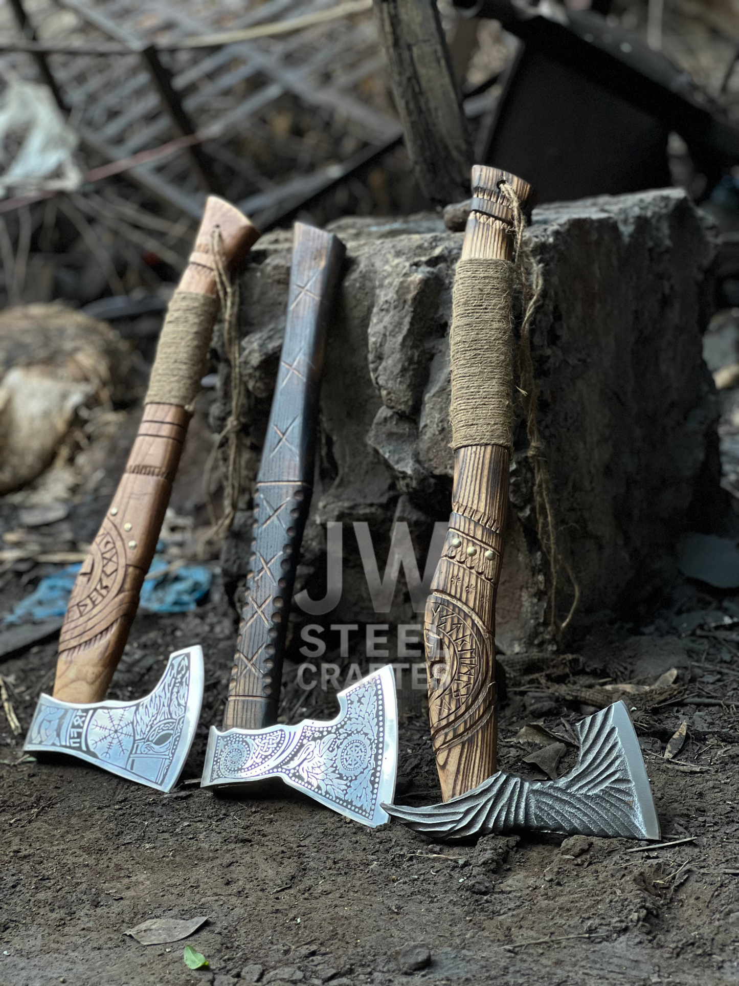 Handmade Viking Axe – Engraved Steel Head with Carved Wooden Handle