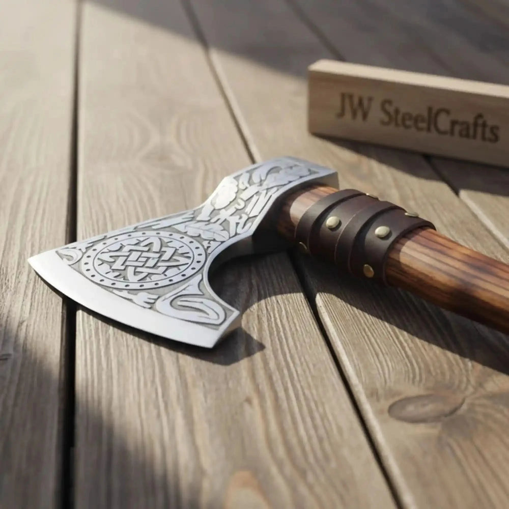 Handcrafted Viking Bearded Axe Engraved Decorative Axe With A Wooden Handle Displayed On A Wooden Surface.