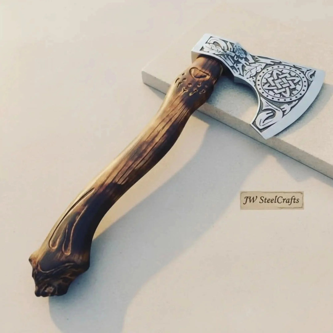 Handcrafted Viking Bearded Axe Engraved Decorative Axe With A Wooden Handle And Metal Head Displayed Against A Light Background.