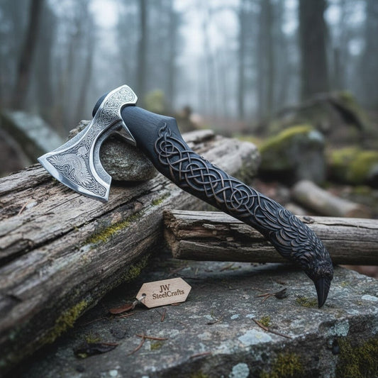 Handcrafted Viking - Style Bearded Axe with Engraved Steel Head and Carved Hardwood Handle handmade Handmade Axe by JW SteelCrafts
