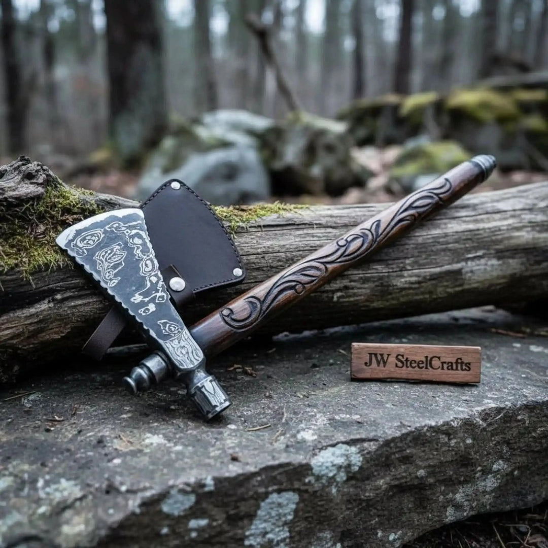 Viking-style Damascus steel hammer axe with engraved wooden handle and leather sheath displayed on a rustic forest stone surface