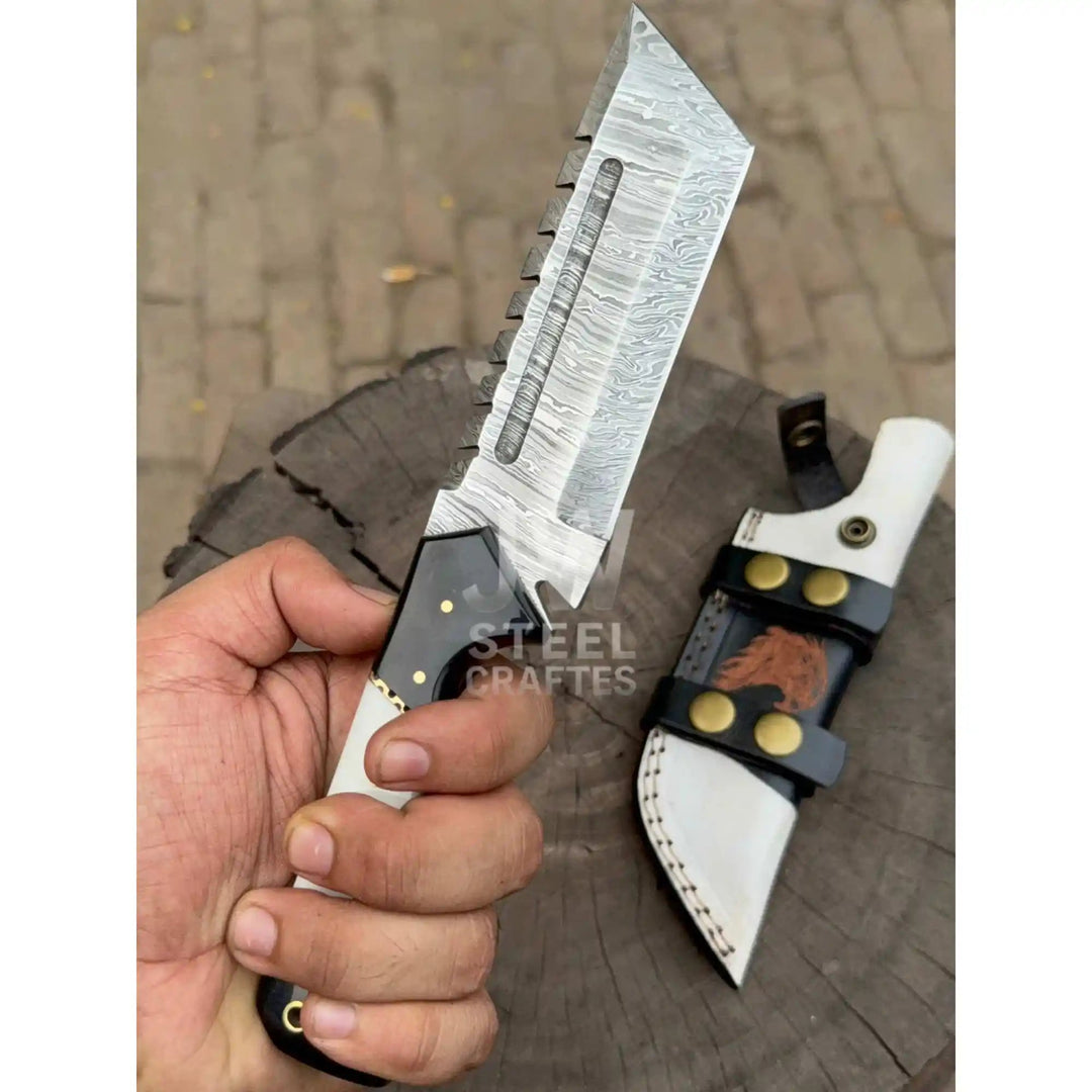 Handmade 10–11 Inch Damascus Tracker Outdoor Utility Knife – Black &amp; White Resin Handle handmade Handmade Tracker Knives by JW SteelCrafts