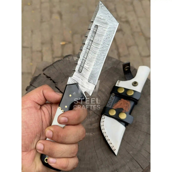 Handmade 10–11 Inch Damascus Tracker Outdoor Utility Knife – Black &amp; White Resin Handle handmade Handmade Tracker Knives by JW SteelCrafts