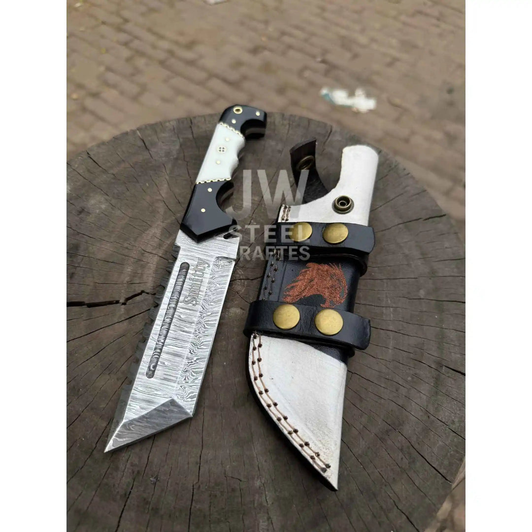 Handmade 10–11 Inch Damascus Tracker Outdoor Utility Knife – Black &amp; White Resin Handle handmade Handmade Tracker Knives by JW SteelCrafts