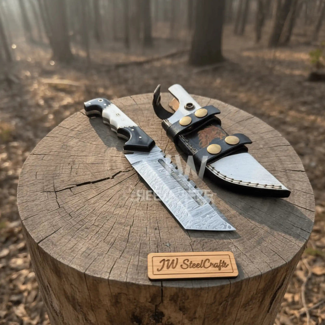 Handmade 10–11 Inch Damascus Tracker Outdoor Utility Knife – Black &amp; White Resin Handle handmade Handmade Tracker Knives by JW SteelCrafts
