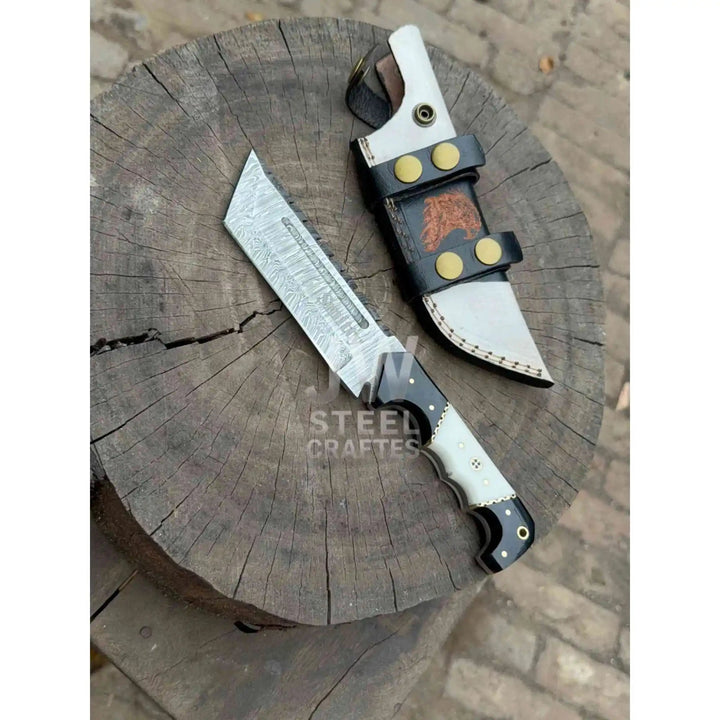 Handmade 10–11 Inch Damascus Tracker Outdoor Utility Knife – Black &amp; White Resin Handle handmade Handmade Tracker Knives by JW SteelCrafts