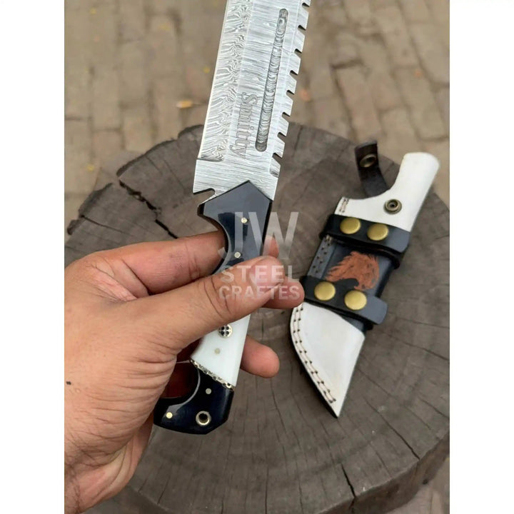 Handmade 10–11 Inch Damascus Tracker Outdoor Utility Knife – Black &amp; White Resin Handle handmade Handmade Tracker Knives by JW SteelCrafts