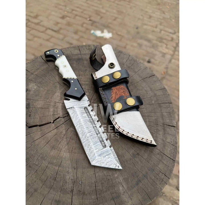 Handmade 10–11 Inch Damascus Tracker Outdoor Utility Knife – Black &amp; White Resin Handle handmade Handmade Tracker Knives by JW SteelCrafts