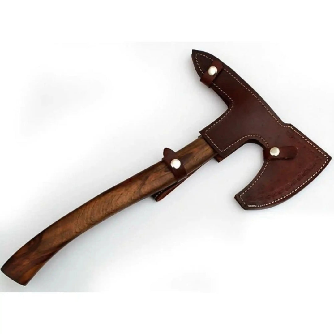     Traditional camping axe with hardwood handle and stitched leather sheath designed for bushcraft and survival use.