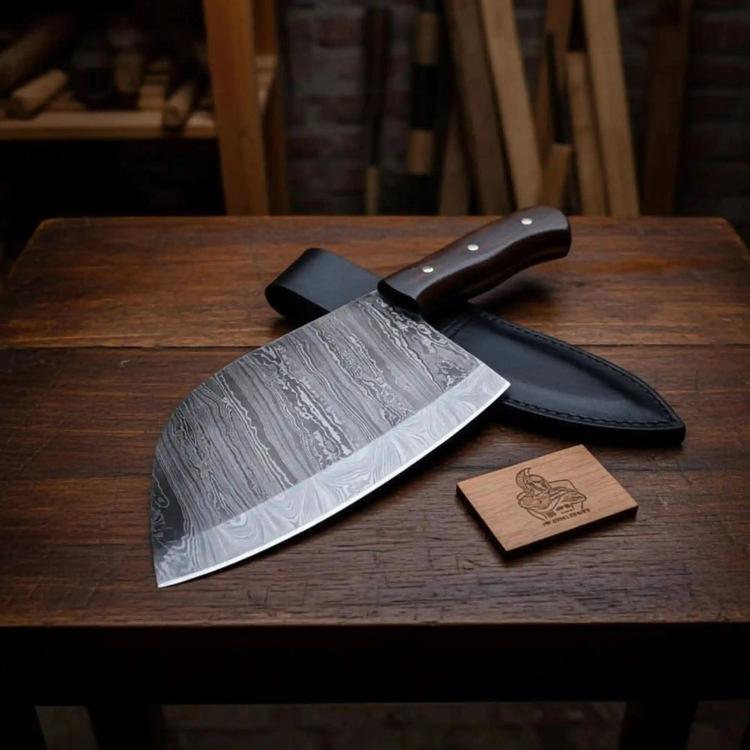 Large curved cleaver knife display with Damascus blade and polished dark wooden handle