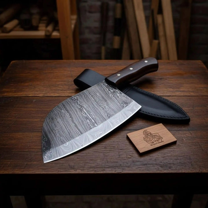 Large curved cleaver knife display with Damascus blade and polished dark wooden handle