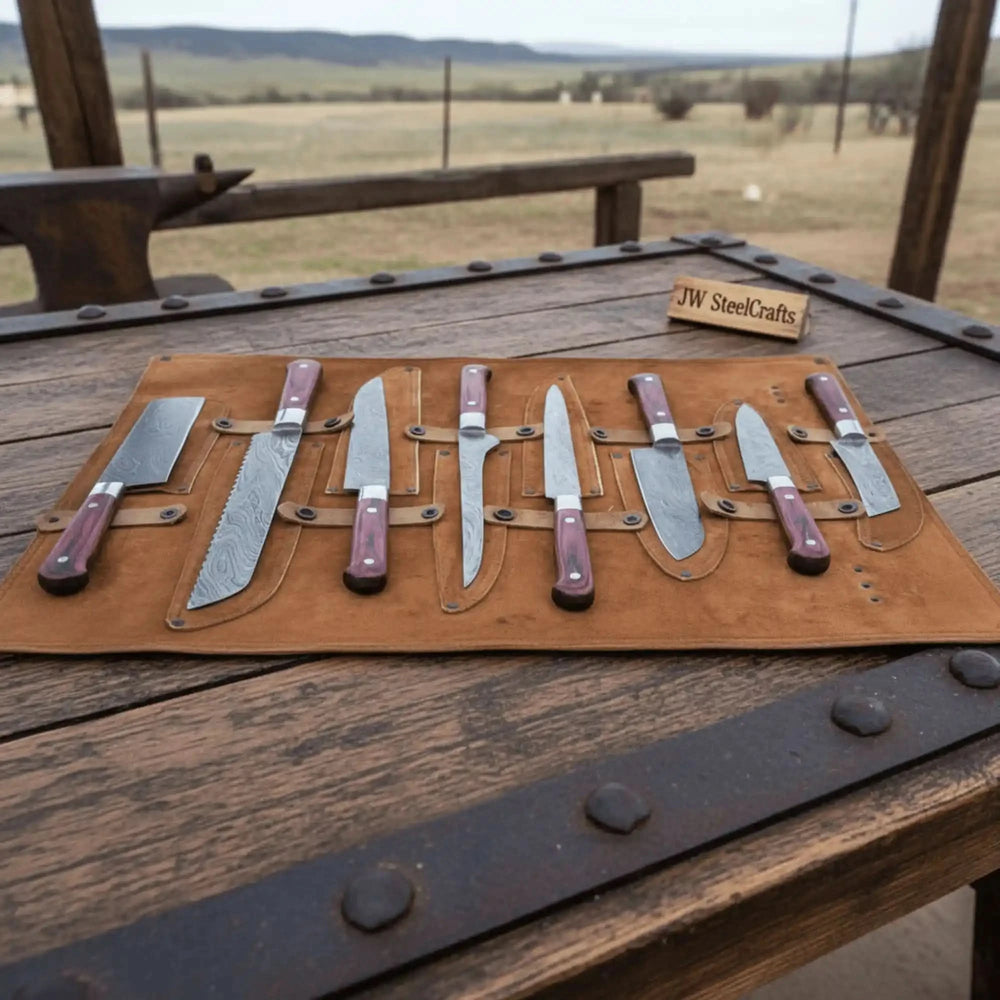 High quality kitchen knives photographed in studio lighting to showcase steel artistry and refined wooden handle contours.