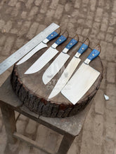 Load image into Gallery viewer, Hand-forged 5-piece custom kitchen knife set with blue and wood handles – includes cleaver, chef, butcher, and utility knives