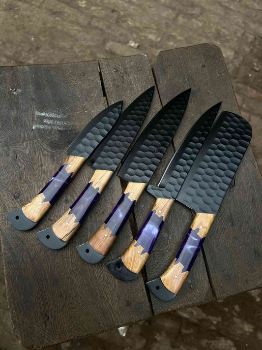 Personalized Chef Knife Set – Handmade Damascus Kitchen Knives with Wood &amp; Purple Resin Handles | Luxury Cooking Gift for Her &amp; Him