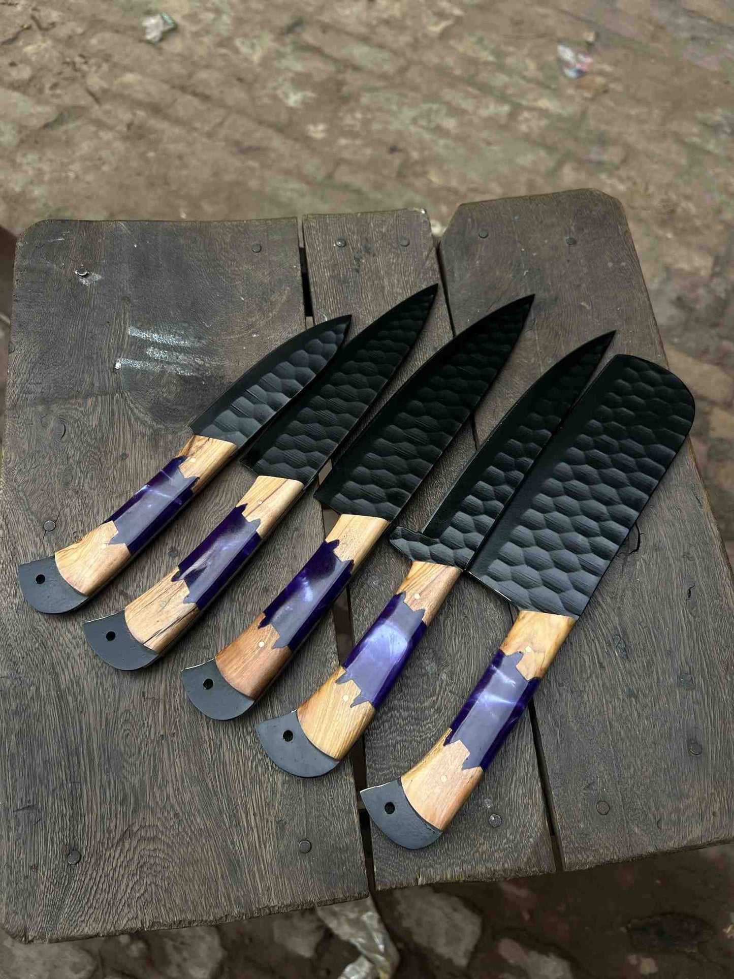 Personalized Chef Knife Set – Handmade Damascus Kitchen Knives with Wood &amp; Purple Resin Handles | Luxury Cooking Gift for Her &amp; Him
