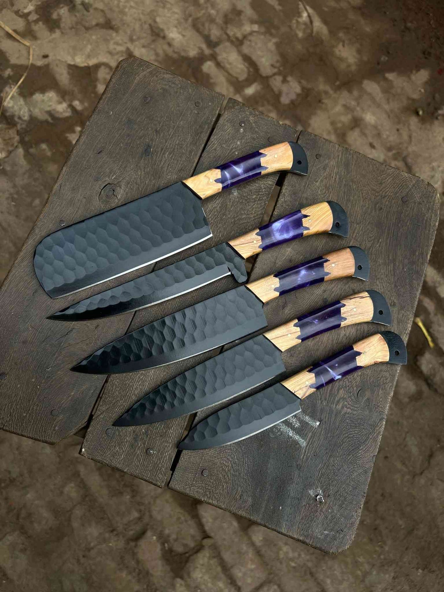 Personalized Chef Knife Set – Handmade Damascus Kitchen Knives with Wood &amp; Purple Resin Handles | Luxury Cooking Gift for Her &amp; Him