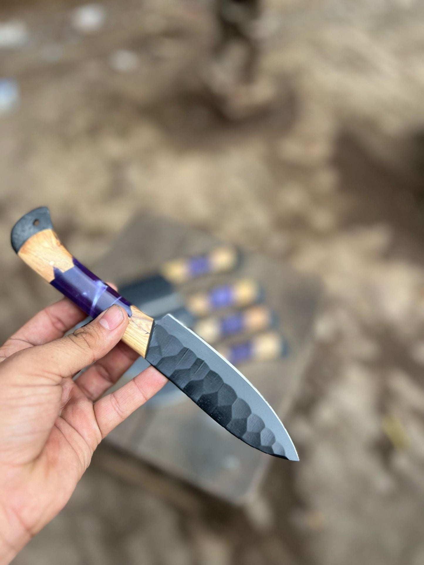Personalized Chef Knife Set – Handmade Damascus Kitchen Knives with Wood &amp; Purple Resin Handles | Luxury Cooking Gift for Her &amp; Him