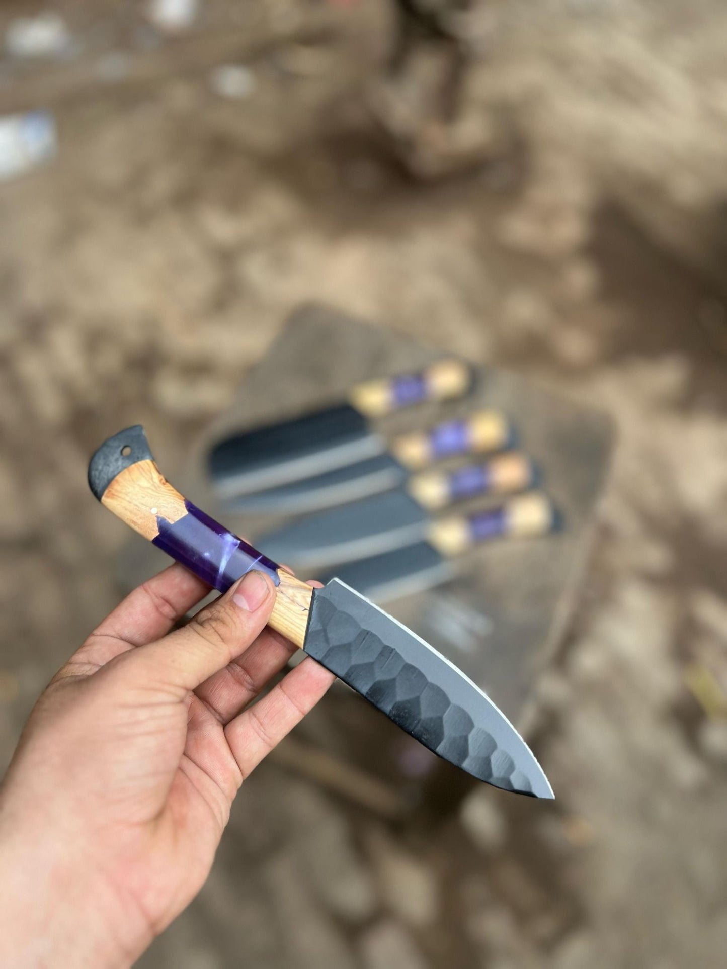 Personalized Chef Knife Set – Handmade Damascus Kitchen Knives with Wood &amp; Purple Resin Handles | Luxury Cooking Gift for Her &amp; Him